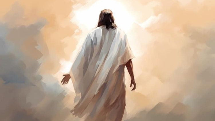 Figure in a white robe standing amidst clouds with a bright light source